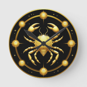 Golden Cancer Cosmic Zodiac Round Clock