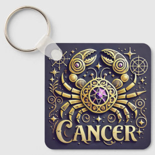 Golden Cancer Zodiac Symbol on Dark Background Key Ring