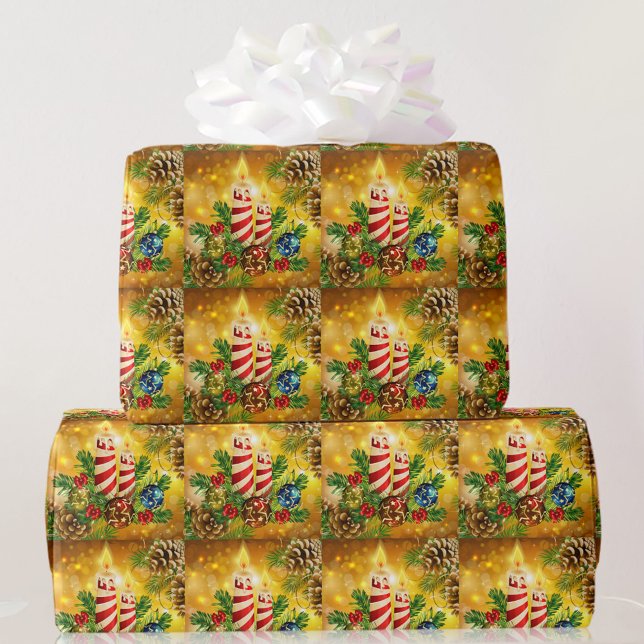 Golden Candlelight Christmas Candles Pinecones Wrapping Paper (Creator Uploaded)