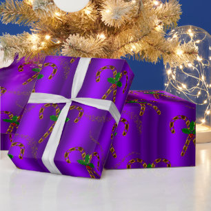Golden Candy Canes on Purple Christmas Wrapping Paper