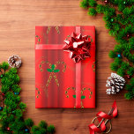 Golden Candy Canes on Red Christmas Wrapping Paper<br><div class="desc">A very luxurious red Christmas gift wrap paper featuring an ornamental pattern of shiny golden candy canes with green holly leaves and bright red berries, spread across a bright red metallic background to really make your Christmas presents stand out under the Christmas tree this holiday season. As an added touch...</div>