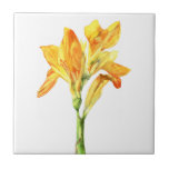 Golden Canna Flower Watercolor Painting Tile<br><div class="desc">This is a watercolor painting of a Golden Canna (also known as Canna Flaccida). It is a yellow flower with orange markings on the petals.</div>