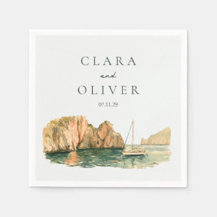 Golden Capri Sailboat Watercolor Cocktail Wedding Napkin