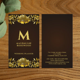 Golden Carved Flowers Frame   Name Initial Business Card