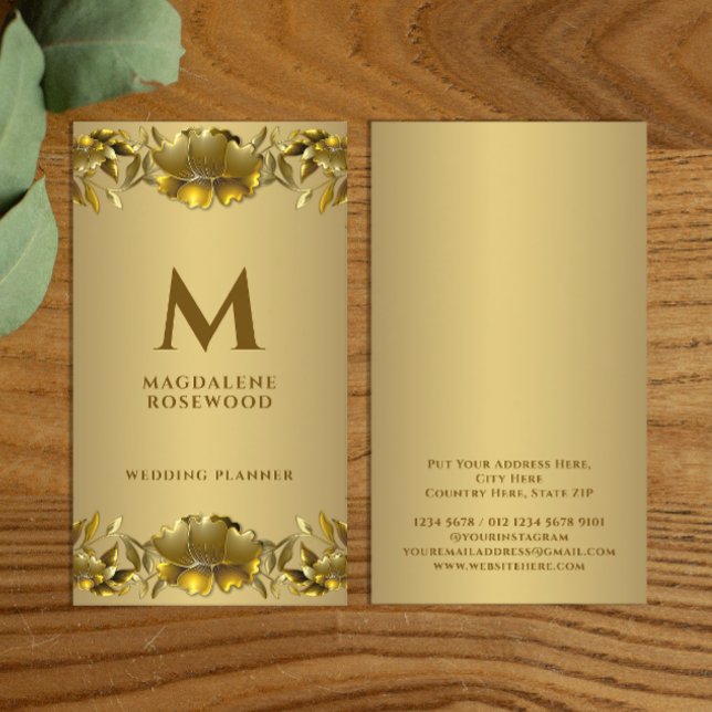 Golden Carved Flowers Frame | Name Initial Business Card (Creator Uploaded)