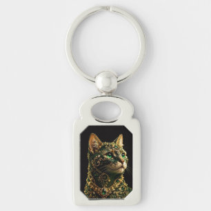 Golden Cat Green Eyes Elegant Art Key Ring
