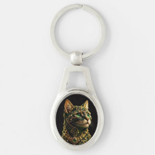 Golden Cat Green Eyes Elegant Art Key Ring