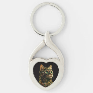 Golden Cat Green Eyes Elegant Art Key Ring