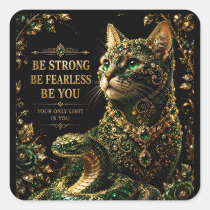 Golden Cat Green Eyes Elegant Art Square Sticker