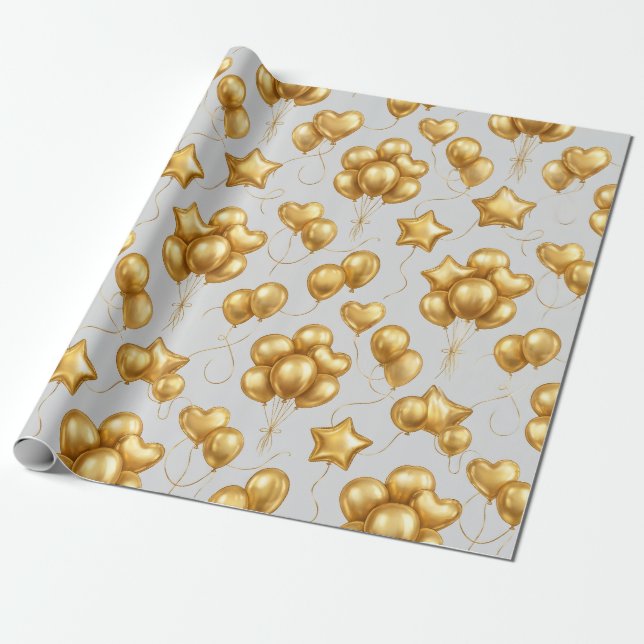 Golden Celebration Balloons Pattern Wrapping Paper (Unrolled)