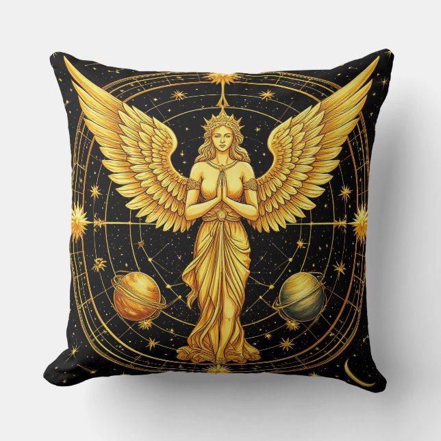 Golden Celestial Angel Surrounded by Stars  Cushion (Front)