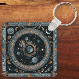 Golden Celestial Moon Orbit with Detailed Astral Key Ring