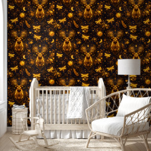Golden celestial stag mystical deer moon and stars wallpaper