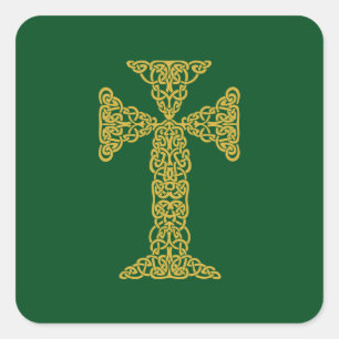 Golden Celtic Cross Irish Green Square Sticker