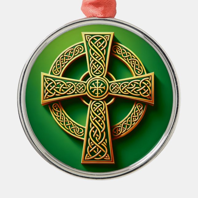 Golden Celtic Cross on Green Metal Tree Decoration (Front)