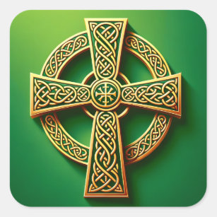 Golden Celtic Cross on Green Square Sticker