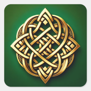 Golden Celtic Knot on Green Square Sticker