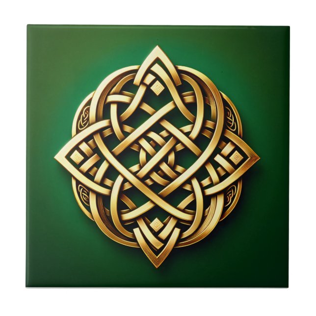 Golden Celtic Knot on Green Tile (Front)