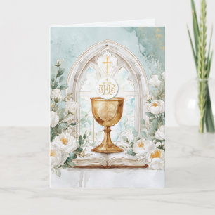 Golden Chalice & White Roses Priest Birthday Card