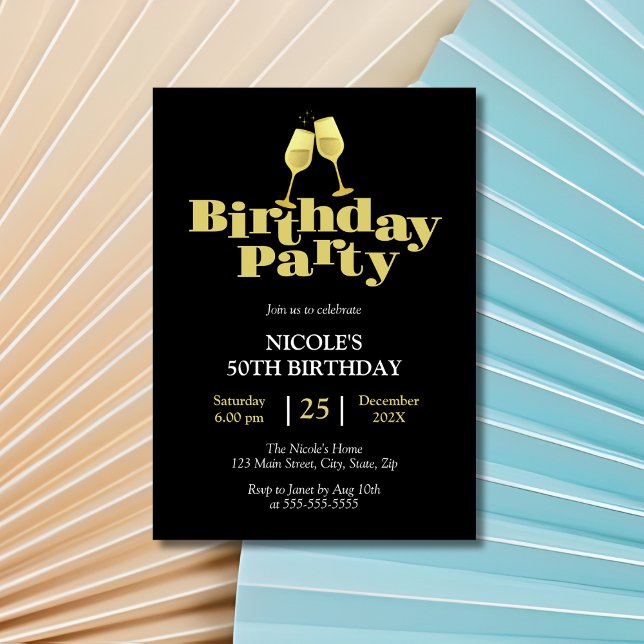 Golden Champagne Birthday Party Black Invitation (Creator Uploaded)