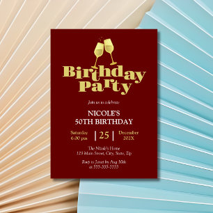 Golden Champagne Birthday Party Burgundy Invitation