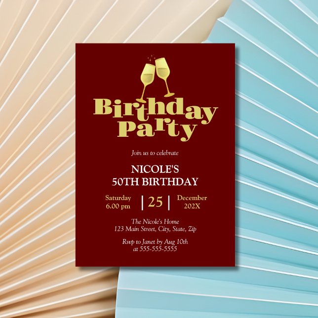 Golden Champagne Birthday Party Burgundy Invitation (Creator Uploaded)