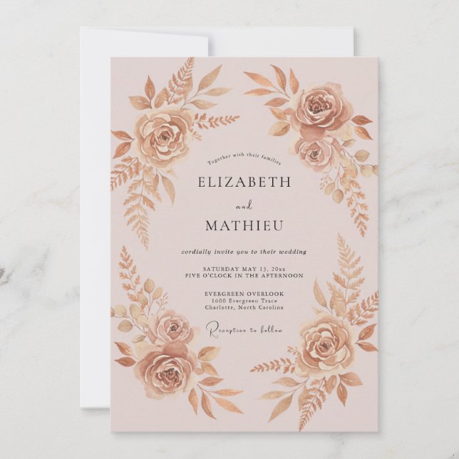 Golden Champagne Copper Petal Wedding Invitation (Front)
