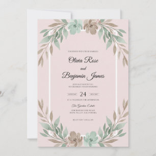 Golden Champagne Mint Leaf Wedding Invitation