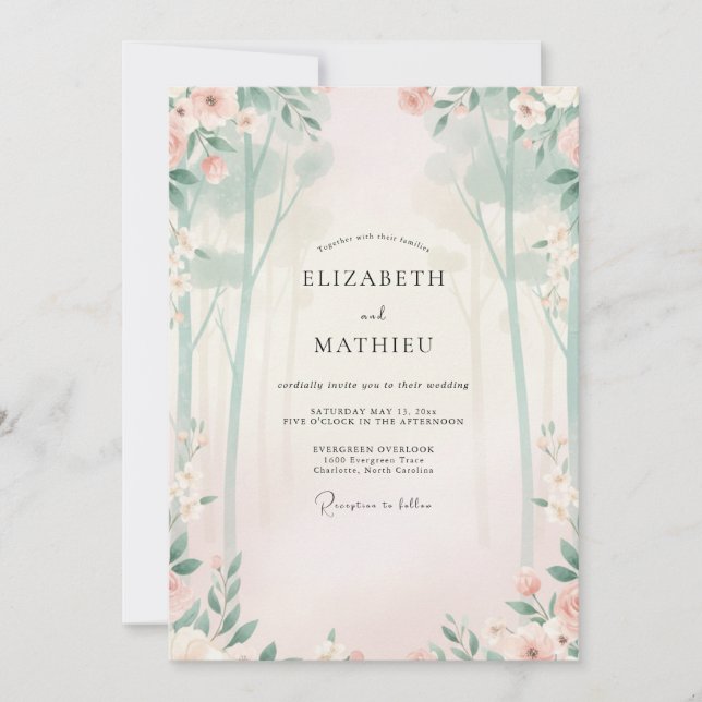 Golden Champagne Mint Leafy Wedding Invitation (Front)