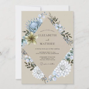 Golden Champagne Periwinkle Wreath Wedding Invitation