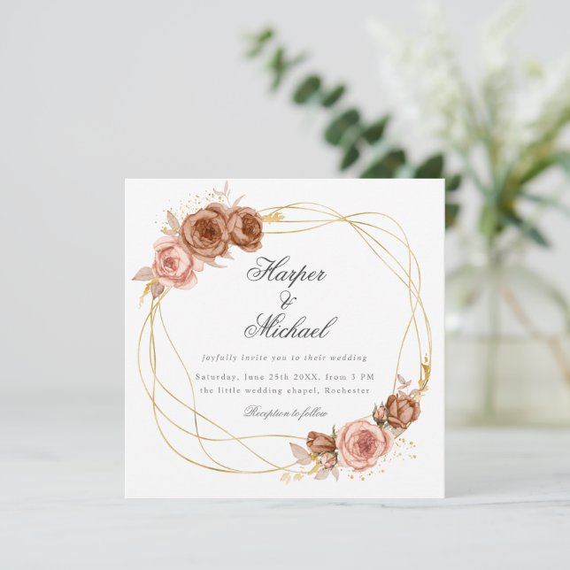 golden champagne roses wedding invitation (Standing Front)