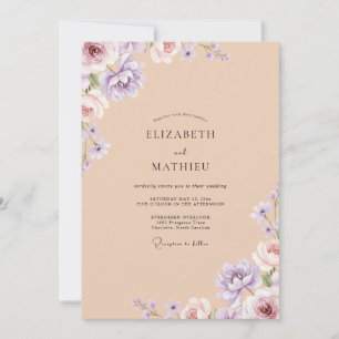 Golden Champagne Violet Peony Wedding Invitation