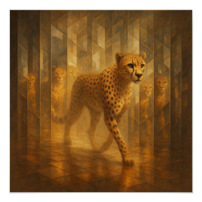Golden Cheetah in a Mirror Maze – GeoWild Art Poster (Front)