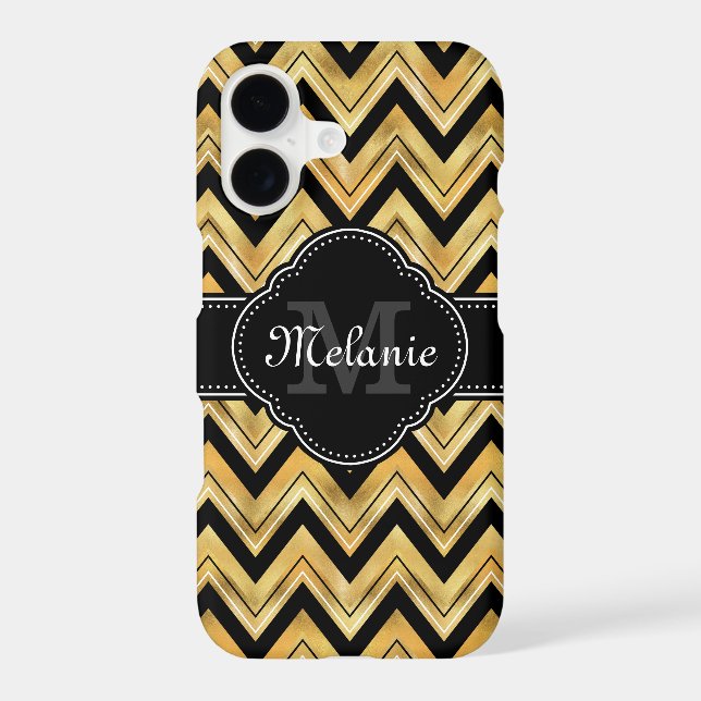 Golden Chevron Pattern Black White Monogram (Back)
