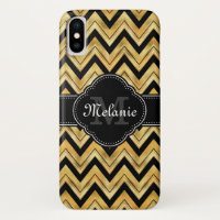 Golden Chevron Pattern Black White Monogram