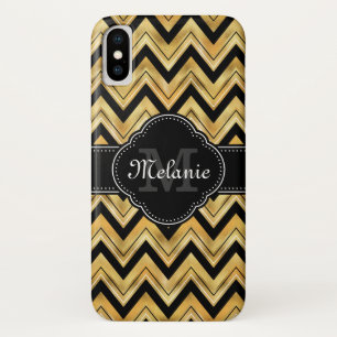 Golden Chevron Pattern Black White Monogram iPhone X Case
