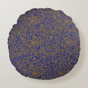 Golden Chinese Auspicious Clouds Pattern on Indigo Round Cushion