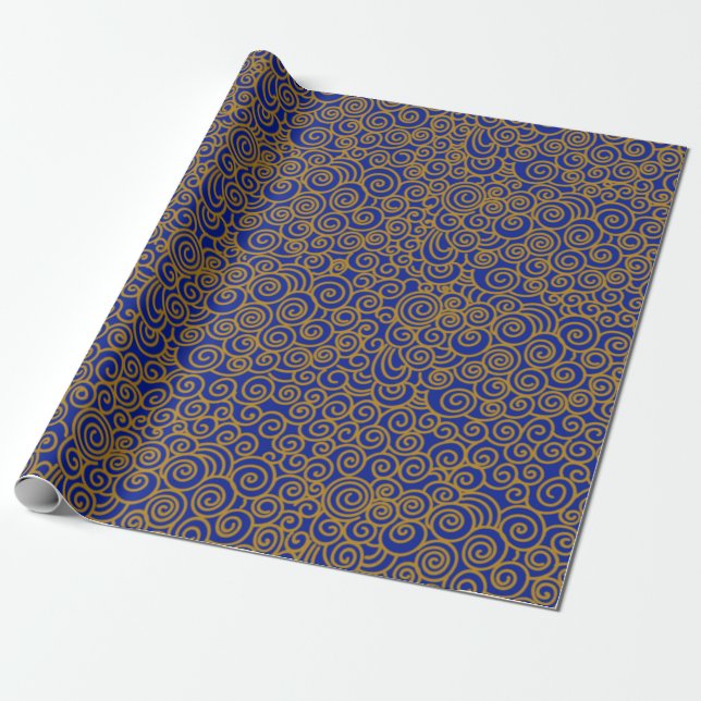 Golden Chinese Auspicious Clouds Pattern on Indigo Wrapping Paper (Unrolled)