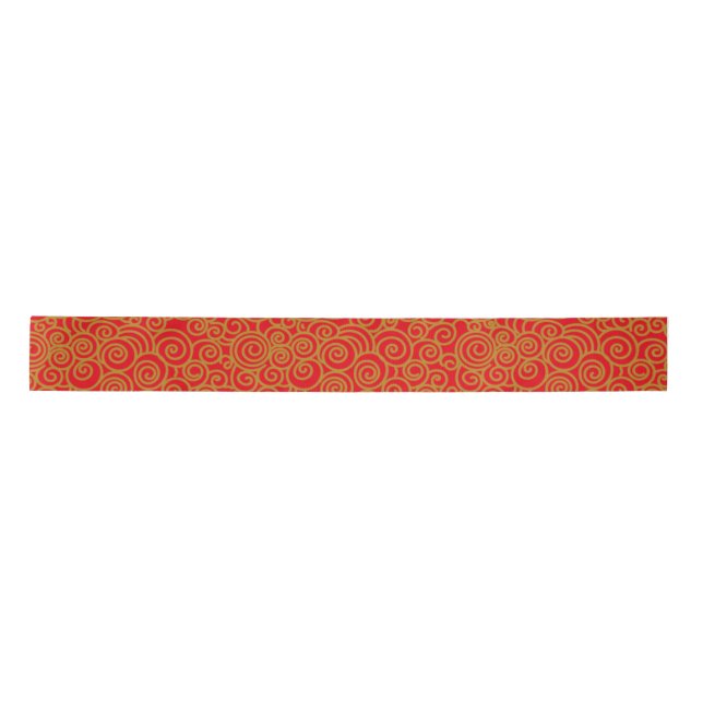 Golden Chinese Auspicious Clouds Pattern on Red Satin Ribbon (Front)
