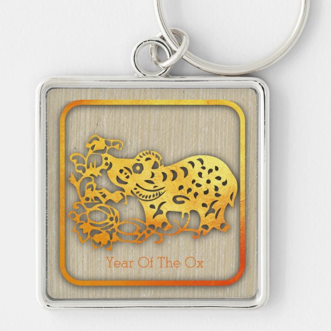 Golden Chinese Paper-cut Ox Year 2021 MSqK Key Ring (Front)