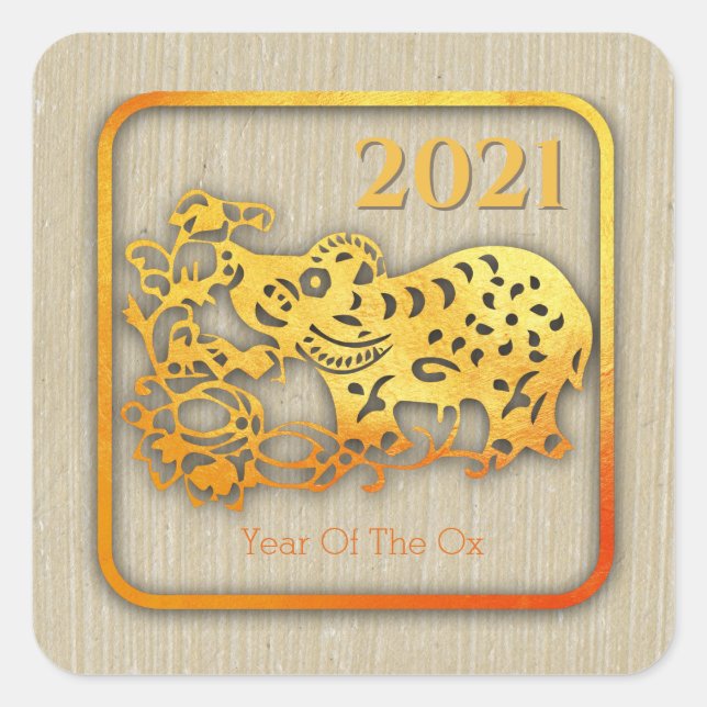 Golden Chinese Paper-cut Ox Year 2021 SqS Square Sticker (Front)