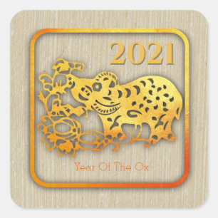 Golden Chinese Paper-cut Ox Year 2021 SqS Square Sticker