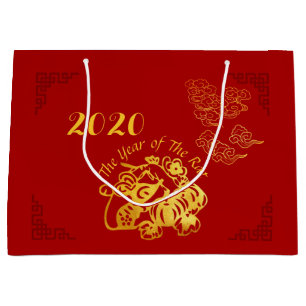 Golden Chinese Paper-cut Rat Year 2020 L Gift Bag