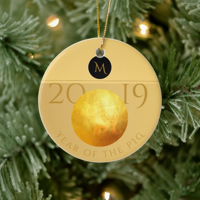 Golden Chinese Pig Papercut 2019 Monogram O Ceramic Tree Decoration (Tree)