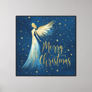 Golden Christmas Angel on Starry Navy Canvas Print