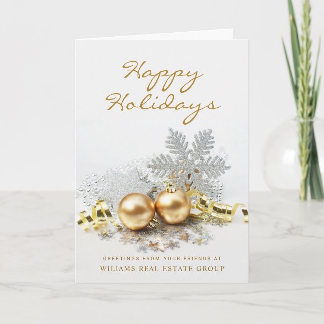 Golden Christmas Balls Ornament Corporate Greeting Holiday Card (Front)