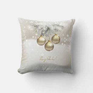 Golden Christmas Balls & Silver Pine Tree Branches Cushion