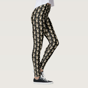 Golden Christmas Bell Green Leaves Black Elegant Leggings