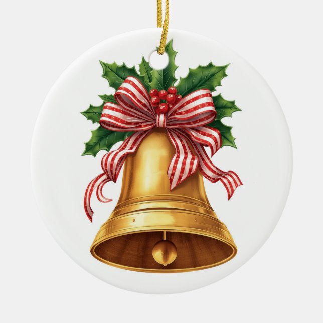 Golden Christmas Bell Holly and Stripe Bow Ceramic Tree Decoration (Front)