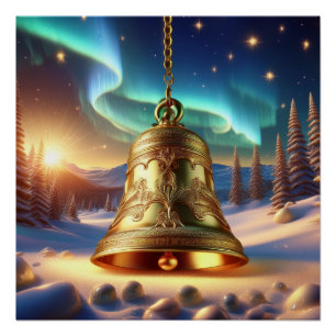 Golden Christmas Bell In A Snowy Winter Scene Poster